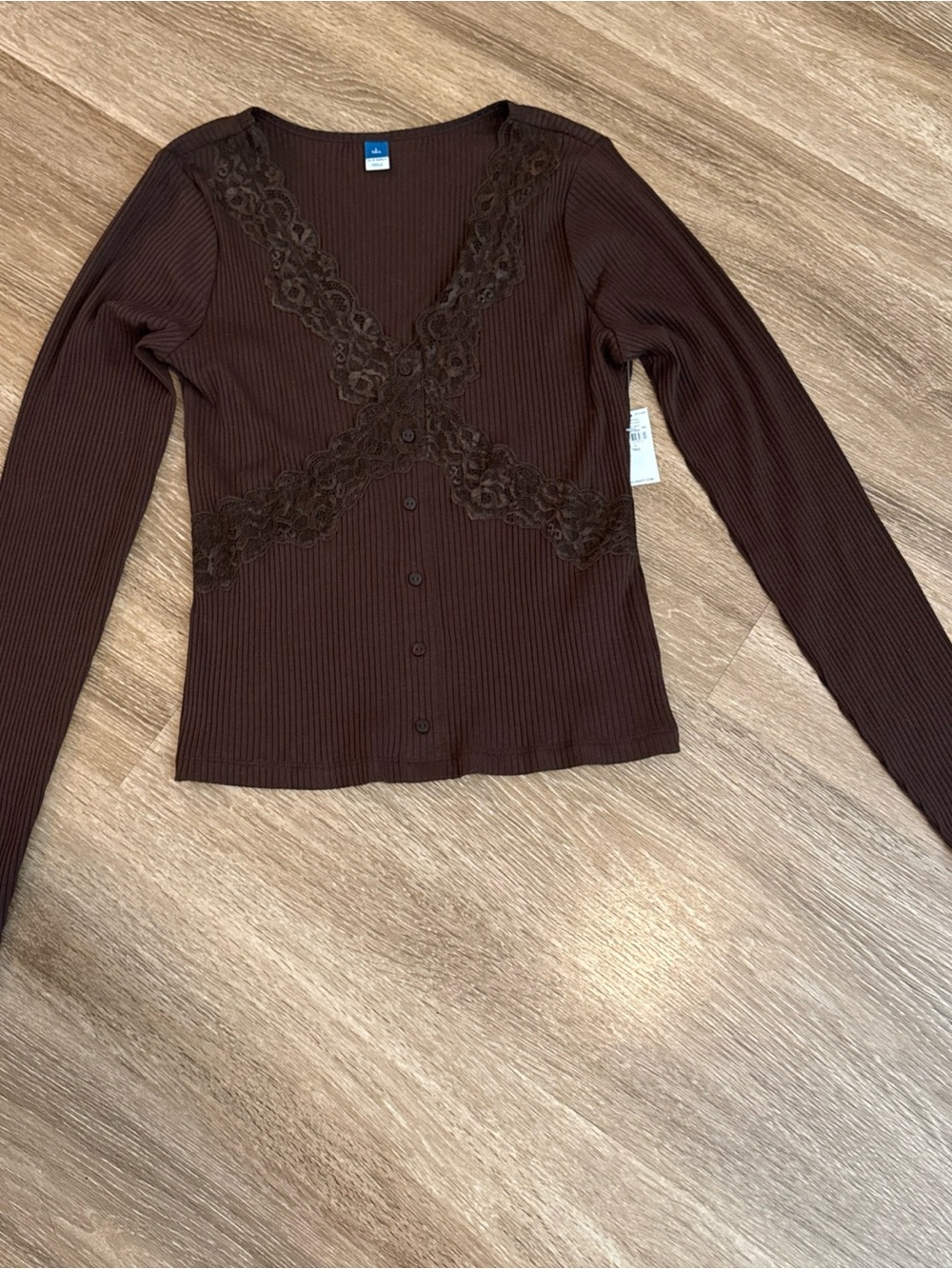 Old Navy Brown Ribbed Button-Front Top with Lace Trim Women’s LG Tall Lace trim